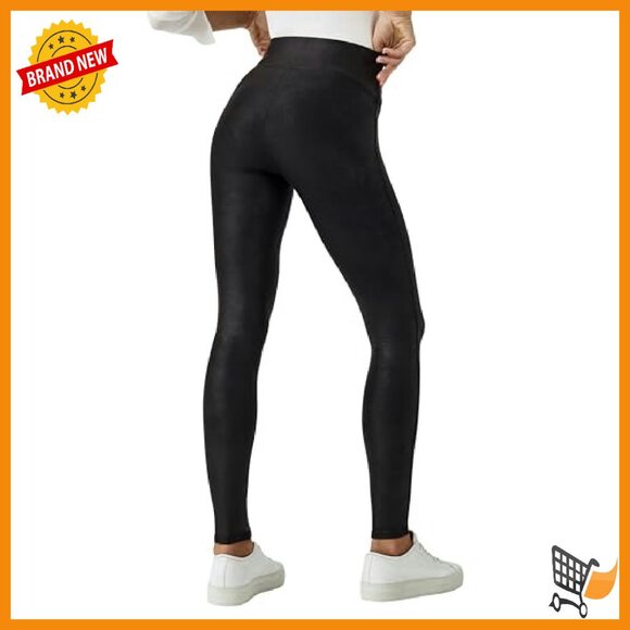 Faux Leather Fleece-Lined Leggings Tummy Control High Waist Shapewear - Picture 4 of 8